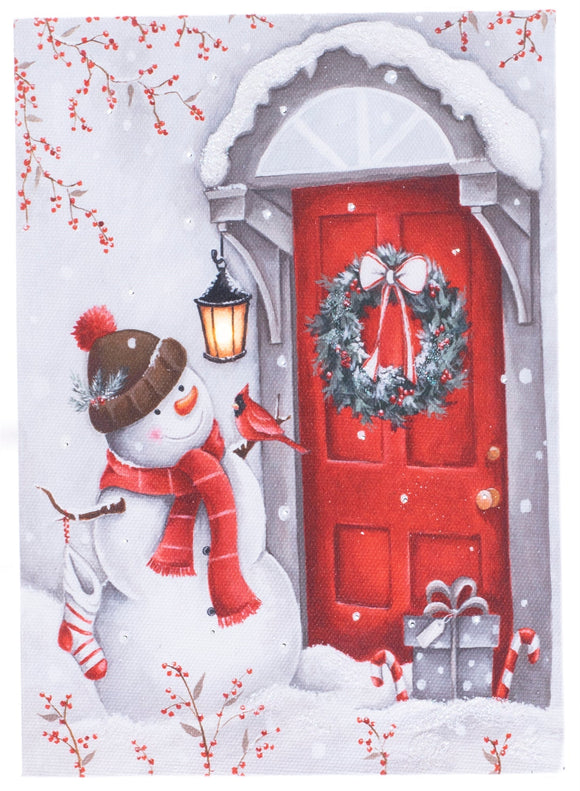 Lighted Canvas Tabletop Print, Snowman At Door 6x8 IN