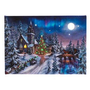 Light Up Tabletop Canvas Art, Full Moon w Church and Christmas Tree 6x8 IN