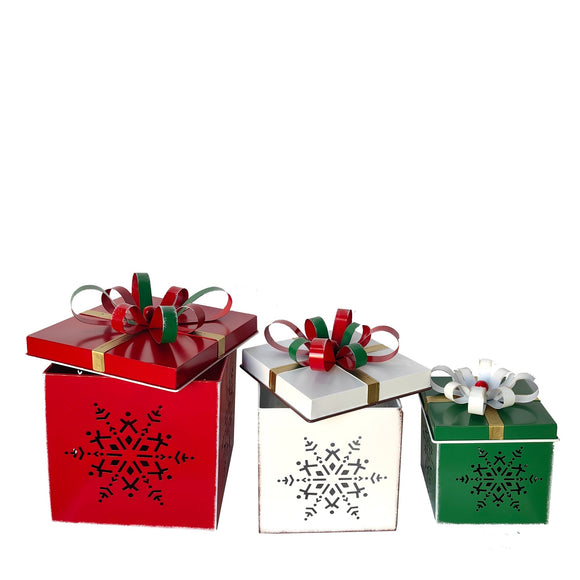 Christmas Decor, METAL CHRISTMAS BOX (SET OF 3) 10x10x12 IN