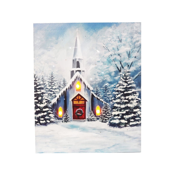 LED Lighted Canvas Wall Art, Home Decor Light up Picture with Timer,WHITE CHURCH