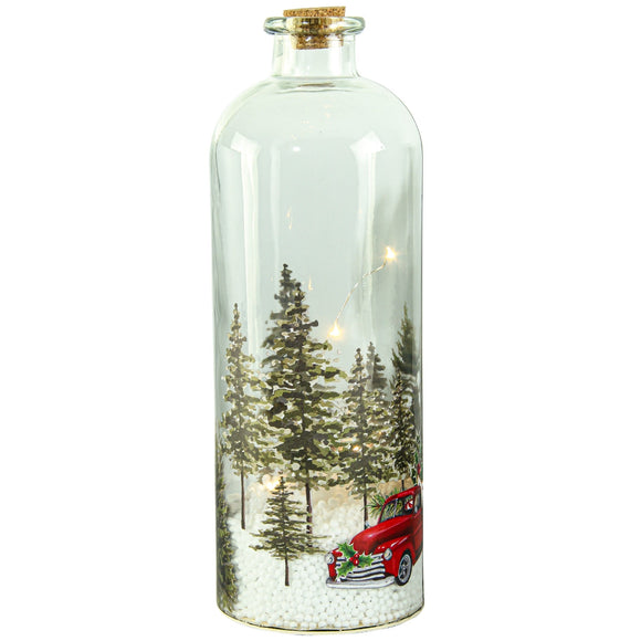 Christmas Decor, Lighted Glass Bottle Blowing Snow With  Red Truck 4.3X4.3X13 In