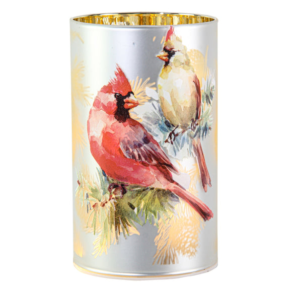 Christmas Decor, Cardinal Cylinder Light 3.5X3.5X5.9 In