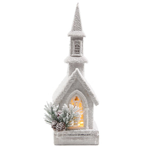 Christmas Decor, Wood Church With  Light 4.8X5.6X14.8 In