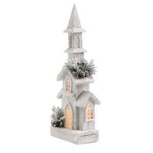 Christmas Decor, Wood Church With  Light Lg 3.6X6.8X18.8 In