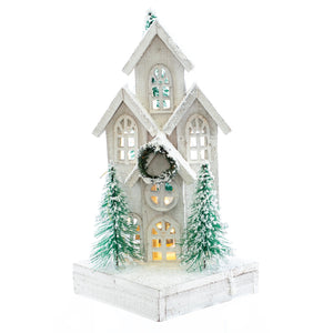 Christmas Home Decor, WOOD CHRISTMAS HOUSE with TREE LIGHT 6.4x6.4x15.2 IN