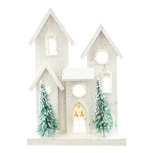 Christmas Home Decor, WOOD CHRISTMAS HOUSE with TREE LIGHT 4x10.4x14.4 IN