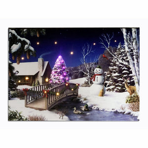 Snowman Lighted Canvas Tabletop Wall Art Print with Timer