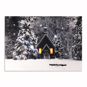 Snowy Church Forest LED Lighted Canvas Tabletop Print with Timer