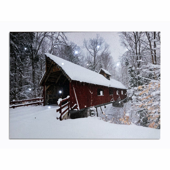 Lighted Red Covered Bridge Canvas art Print with Timer