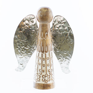 Christmas Decor, WOOD SPINDLE ANGEL with  METAL WINGS 2.5x5.5x9 inch